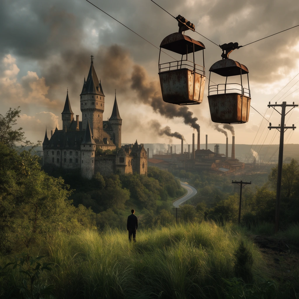 rusty aerial tramway buckets on overhead cables, lush green hillside foreground, lone figure standing in tall grass, midground medieval castle with pointed towers, background sprawling industrial complex with smokestacks emitting thick smoke, winding road, wooden utility poles, warm golden hour lighting, dramatic cloudy sky, cinematic wide-angle landscape photography, moody atmospheric tones