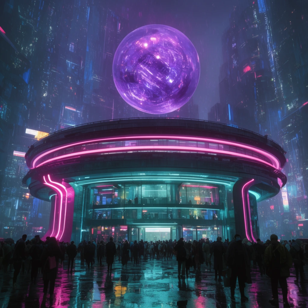 Futuristic circular building, neon pink and cyan lighting, suspended glowing purple orb, sci-fi crowd, wet reflective plaza, cyberpunk digital art