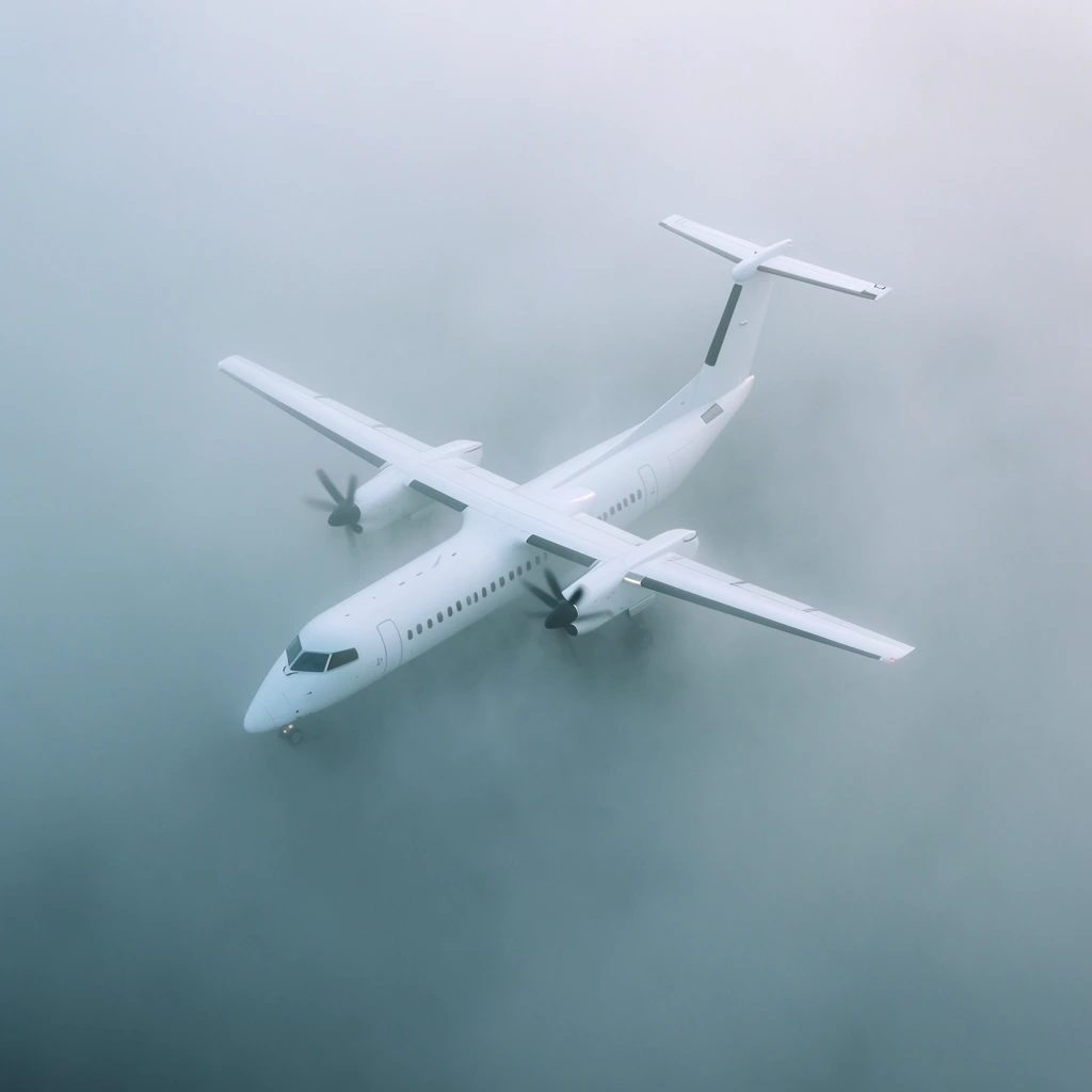 A white twin-engine turboprop airplane banks slightly while flying through dense, grayish-blue fog. Viewed from an elevated aerial angle, the aircraft's sleek fuselage and straight wings cut through the thick, milky haze. Diffused lighting creates a low-contrast, cinematic composition dominated by cold, muted tones, partially obscuring the plane in the opaque atmosphere.