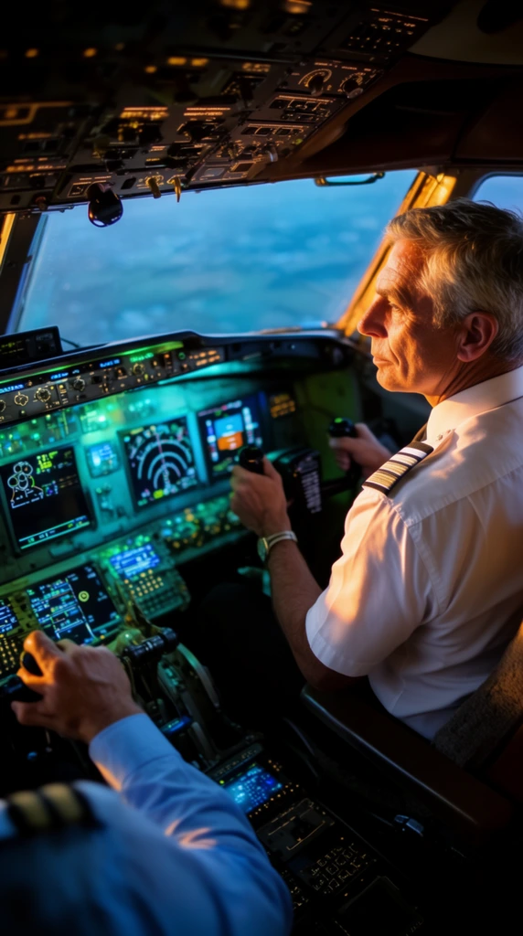 A mature, grey-haired male pilot in a white uniform shirt with striped epaulets navigates from the right seat of an aircraft cockpit. He grasps the control yoke while warm, dramatic amber lighting illuminates his profile, contrasting with the cool cyan and green glow radiating from the complex instrument panel densely packed with illuminated digital displays and switches. Through the angled windshield, a hazy blue aerial view of a distant landscape forms the background. In the out-of-focus lower-left foreground, the hand of a second pilot in a light blue shirt grips the left control yoke. The cinematic composition utilizes high contrast and shallow depth of field to emphasize the primary pilot within the glowing technological environment.