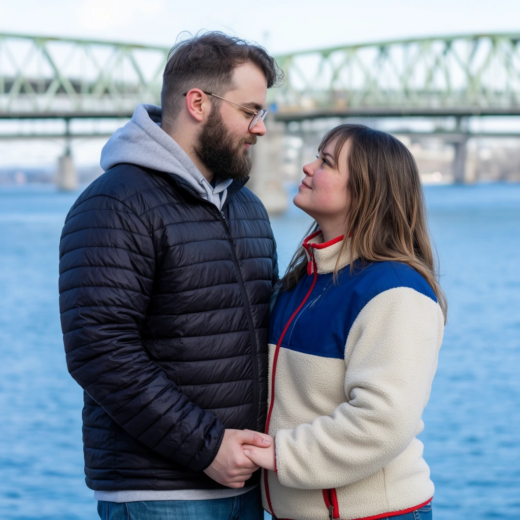 A couple stands intimately close holding hands outdoors against a scenic waterfront backdrop. The bearded man with wire-rimmed glasses wears a black quilted puffer jacket over a grey hoodie, gazing down at his partner. The woman looks up at him, dressed in a cream fleece jacket with blue shoulder panels and red trim. Their hands are softly clasped at waist height. A wide blue river fills the background, spanned by an out-of-focus green steel truss bridge in the distance. The portrait photograph utilizes a shallow depth of field, sharply isolating the pair's affectionate profiles against the softly blurred, bright daylight setting while emphasizing a color palette of cool blues and neutral tones.