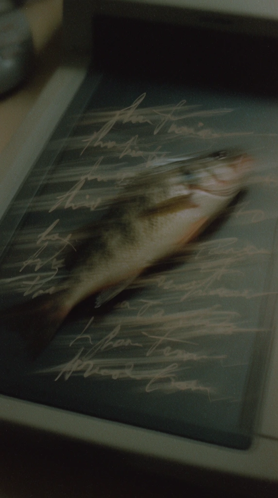 A single fish positioned diagonally across a dark scanner bed, heavily distorted by an extreme horizontal motion blur and layered with scrawled, illegible handwriting. The fish's body and the flat surface beneath it are smeared into aggressive, lateral streaks, creating soft, ghosting trails that drag horizontally across the frame, mimicking intentional camera movement or a very slow shutter speed. The overlaid cursive script weaves through the composition, its thin lines similarly blurred and stretched into the hazy environment. The entire scene is rendered with an underexposed, analog film aesthetic, characterized by a murky, desaturated color palette, dim ambient lighting, and low contrast. A thick, coarse film grain and heavy noise degrade the image, dissolving the sharp boundaries of the fish, text, and scanner bed into an impressionistic, ethereal wash of smeared textures and shadowed tones.