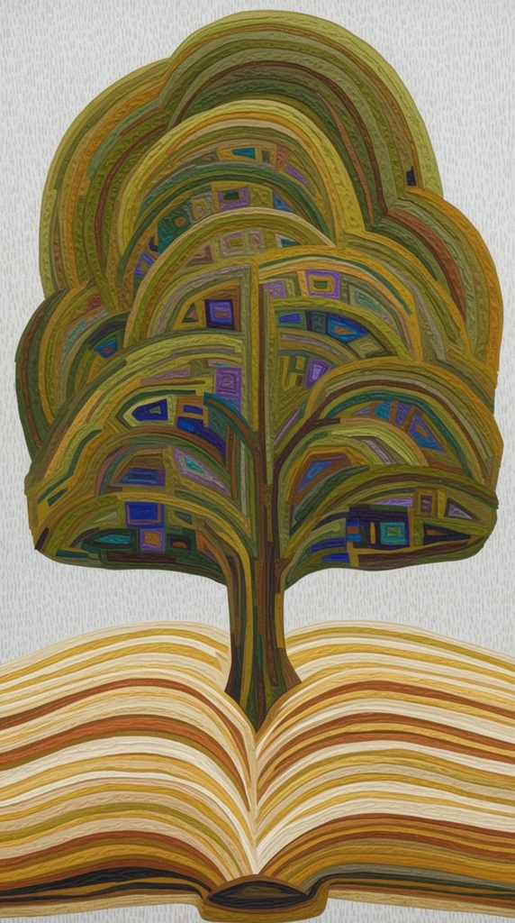 A towering tree grows directly out of the center seam of an open, thick book, rendered entirely in a highly textured, topographical folk-art style built from sweeping, contoured bands of color. The open pages fan outward across the lower section, their forms constructed from parallel, undulating stripes of cream, mustard yellow, and burnt sienna. Rising from the pages, the tree trunk and its expansive, domed canopy are formed by dense, concentric, terraced arches of olive green, ochre, and umber. Nestled within these striated, sweeping layers are small, intricate geometric patches featuring sudden pops of indigo, violet, and teal. The composition features a flattened perspective and a tactile, mosaic-like quality resembling layered paper or thick impasto, with prominent ridges separating each distinct contour line. The surrounding background is a flat, pale off-white surface covered in a faint, vertical stippling texture, pushing the densely layered, earthy, linear forms of the tree and book to the forefront of the graphic composition.
