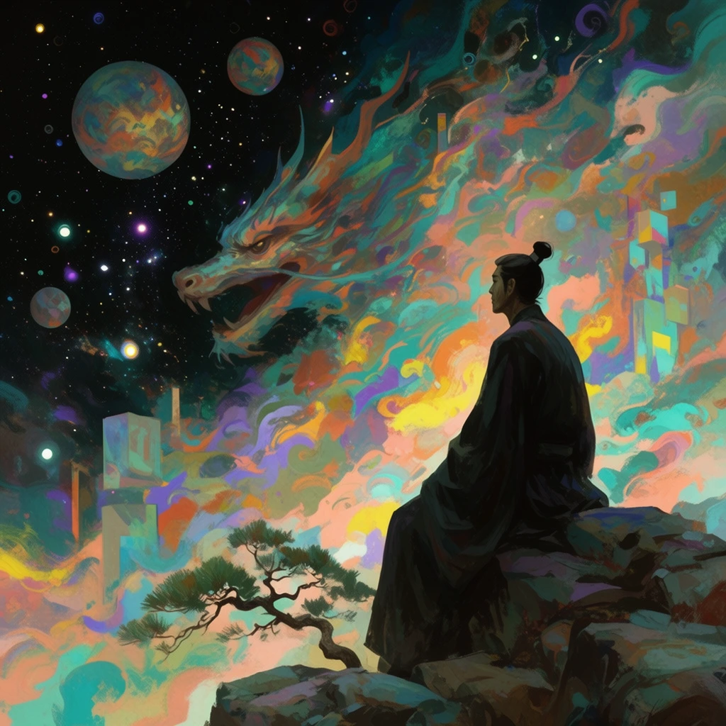A solitary figure in dark flowing robes and a prominent topknot sits on a rocky precipice overlooking a surreal cosmic landscape. The figure gazes left into deep space featuring glowing stars and floating textured planets. The surrounding environment explodes in a chaotic, swirling mass of painterly energy using vibrant swaths of teal, peach, neon yellow, and purple. A massive stylized dragon head and floating geometric structures emerge from this fluid, colorful mist. A small twisted pine tree anchors the foreground stones, contrasting the expressive brushstrokes of the dynamic ethereal sky.