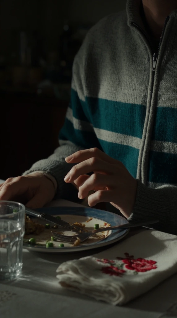 A close-up cinematic shot focuses on a person's hands resting on a dining table before a partially eaten meal. The individual wears a thick, grey knitted zip-up sweater featuring broad, dark teal horizontal stripes across the chest and sleeves. One hand lies flat against a pale tablecloth, while the other hand's fingers curl in a tense, tapping posture. Centered below them is a blue-rimmed ceramic plate holding remnants of food, including stray green peas, with a silver knife and fork resting casually on the dish. A clear, faceted glass of water sits to the left, and a folded white cloth napkin with red floral embroidery lies to the right. Dramatic, directional light from the side casts sharp, deep shadows across the fabric. The background is engulfed in moody, low-key darkness with a shallow depth of field, rendering the distant room as a soft blur while emphasizing the tactile textures of the knitwear and the posture of the hands in sharp foreground focus.