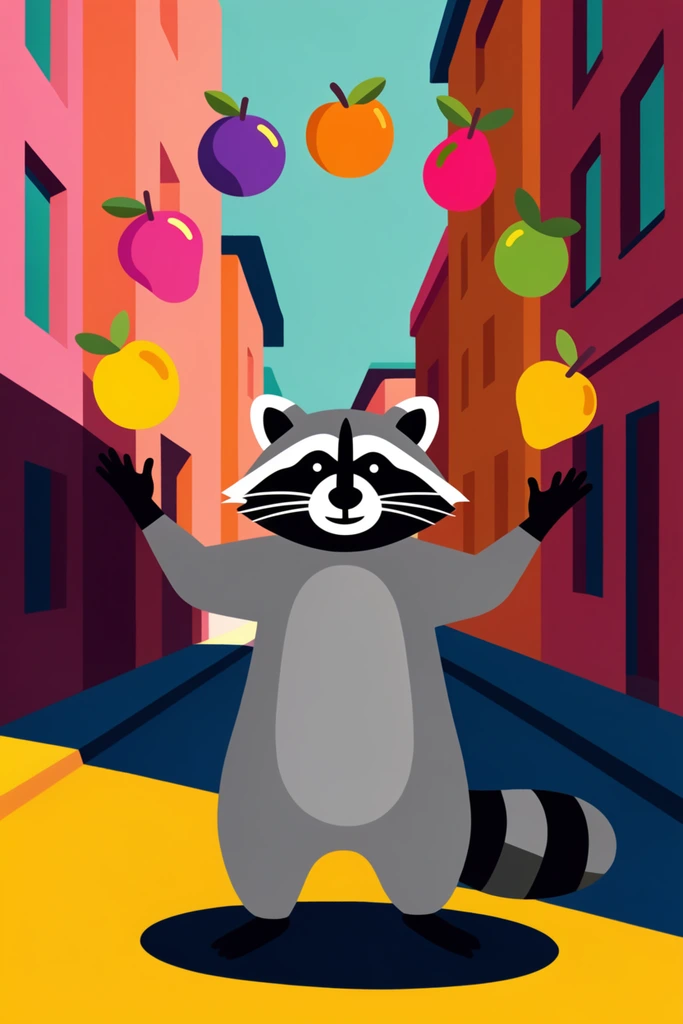 An anthropomorphic raccoon juggles vibrant fruits in a colorful urban alleyway rendered in a flat vector illustration style. The raccoon stands upright with arms raised, featuring a black and white facial mask, long white whiskers, a grey belly, and a thick ringed tail. Suspended above the creature are six stylized fruits in vivid shades of purple, orange, pink, green, and yellow, each adorned with a small green leaf. The narrow street is flanked by tall, geometric buildings painted in warm pink, orange, and maroon hues with contrasting teal windows. High-contrast diagonal lighting splits the pavement into a stark bright yellow sunlit area and a deep navy blue shaded section. The raccoon casts a prominent, rounded dark shadow directly onto the yellow ground. The composition utilizes bold, unblended colors, clean edges, and simplified shapes to create a crisp, highly graphic digital aesthetic.