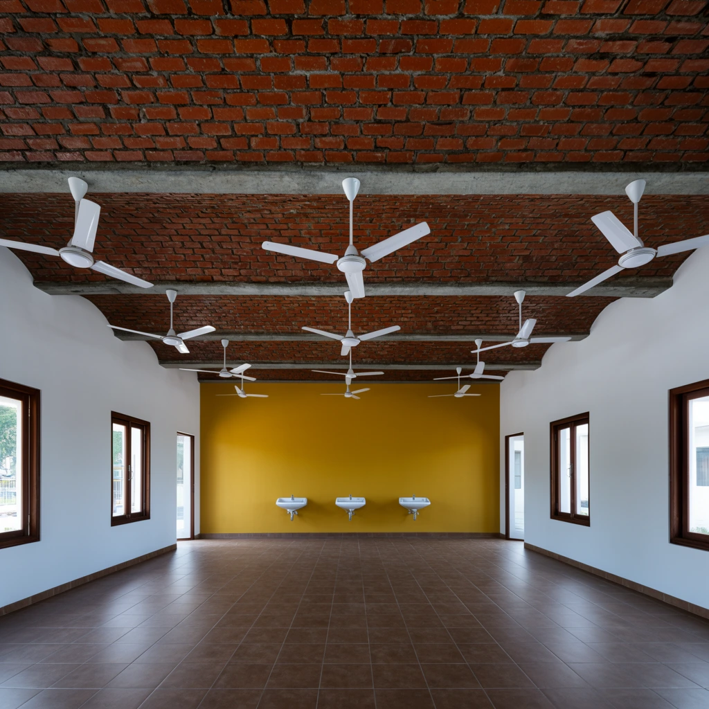empty architectural hall, symmetrical one-point perspective, vaulted exposed red brick ceiling with concrete beams, multiple white ceiling fans, vibrant mustard yellow accent wall, three identical white wall-mounted sinks, pristine white side walls, dark wood framed windows, brown square floor tiles, natural daylight from side windows, clean minimalist interior design, wide angle architectural photography