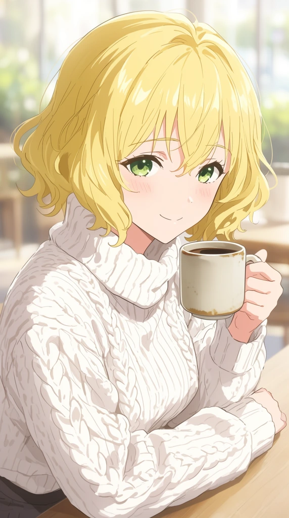 2D anime woman, short wavy blonde hair, green eyes, gentle smile, faint blush, chunky white knit turtleneck sweater, right hand holding a ceramic coffee mug, leaning forward, out of focus sunlit cafe background, soft pastel colors, cel-shaded animation, cinematic lighting, high quality illustration