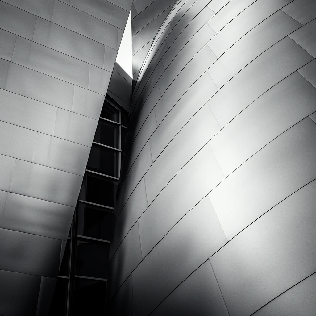 A sweeping, sail-like architectural volume clad in smooth, rectangular silver-gray metal panels dominates the right, its curved surface catching a soft, bright gradient of light. To the left, a stark, angled flat wall constructed of identical staggered metallic panels leans inward. Deep within the sharp vertical recess between these two towering forms rests a narrow window section framed in dark metal with horizontal mullions. A small triangular sliver of bright light pierces the upper gap. Shot in high-contrast black and white from a low angle looking upwards, the abstract, minimalist composition emphasizes the interplay of sweeping curves, sharp geometric crevices, and deep inky shadows.