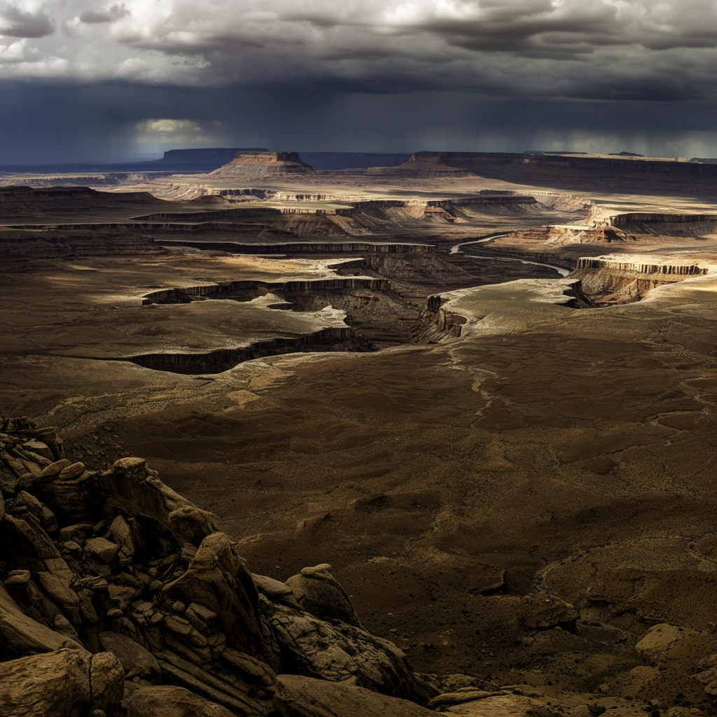 vast desert canyon landscape under a dramatic stormy sky, foreground of jagged rock formations, deep ravines cutting through the terrain, layers of sedimentary rock in shades of brown and tan, dry riverbed snaking through the valley floor, sunlight peeking through heavy dark clouds casting dramatic shadows across the canyon walls, distant mesa formations, rain shafts visible on the horizon, panoramic aspect ratio, high contrast lighting, natural landscape photography, desolate and majestic atmosphere