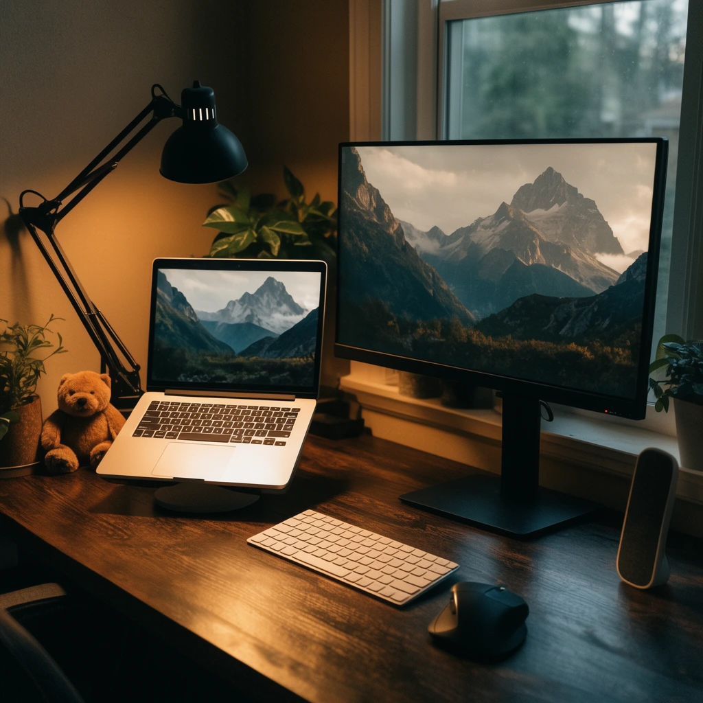cozy home workspace, dark wood desk, silver laptop, large monitor displaying mountain landscape, black articulated lamp, warm lighting, small plush bear, wireless keyboard, ergonomic mouse, potted plants, moody photography