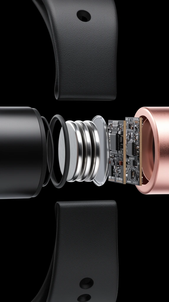 Exploded view of a cylindrical wearable device against a black background. Black textured silicone straps sit above and below a central horizontal alignment of internal components. These include a black casing, rubber O-rings, three silver coin cell batteries, a transparent spacer, micro circuit boards, and a rose-gold metallic outer cylinder. Precision 3D product rendering with stark studio lighting.