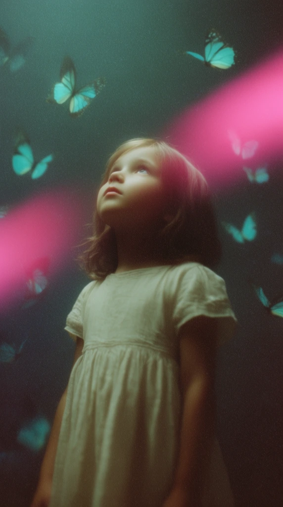 A young girl gazes upward surrounded by glowing cyan butterflies floating in a shadowed space. She wears a simple cream dress, her face illuminated by a soft top-light highlighting her features and shoulder-length hair. A vibrant, hazy magenta light leak streaks diagonally across the composition. The aesthetic is surreal and dreamlike, featuring heavy film grain, soft focus, and a striking interplay of muted teal and vivid pink lighting elements.