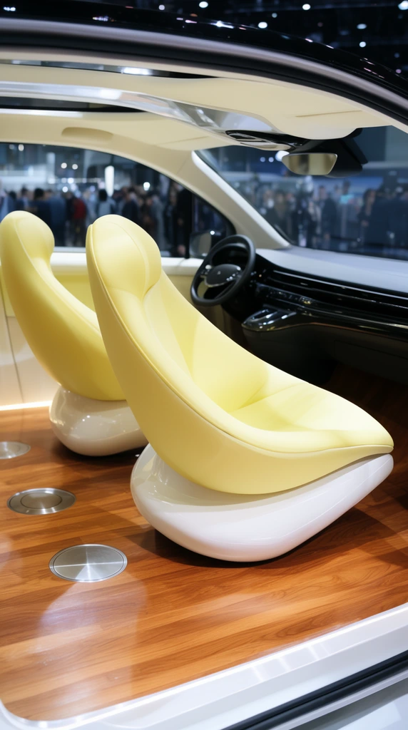 Two sculpted, pale yellow lounge seats with smooth white bases are swiveled inward on a polished wood floor featuring circular metal inlays inside a modern vehicle cabin. A sleek dark dashboard and steering wheel complete the bright interior, with a blurred exhibition hall visible through the windows.