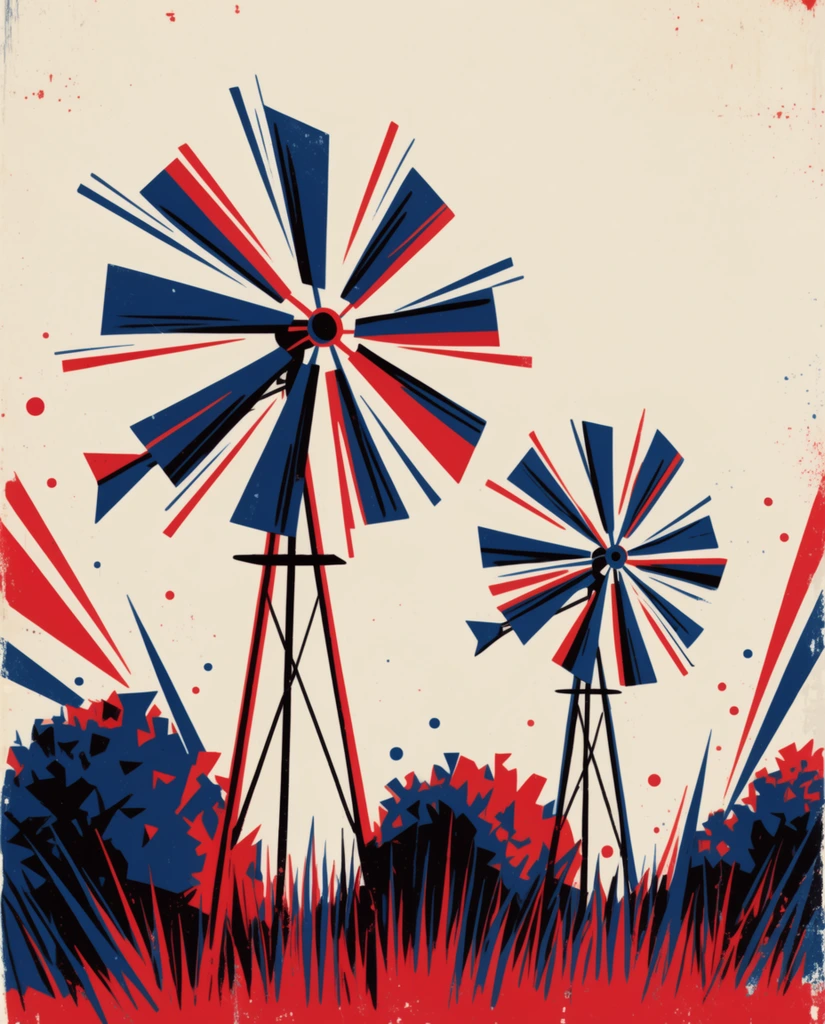 Two stylized mid-century modern graphic windmills stand in a field of tall grass and bushes against a solid cream-colored clear sky, rendered in a vintage screen print aesthetic. The larger windmill anchors the left foreground, while the smaller second windmill sits slightly behind it on the right. Both structures feature sharply angled, geometric rotating blades accented by bold, tapered motion lines radiating outward to convey movement. At their bases, angular bushes and tall, jagged blades of grass jut upward in stark, stylized formations. The composition utilizes a strictly limited, flat color palette of deep navy blue, vibrant primary red, and stark black. The rendering mimics an authentic 1950s offset lithograph, featuring subtle distressed textures, rough edges, and scattered speckles of red and blue ink across the background. Abstract sharp-pointed geometric bursts and scattered circular dots frame the windmills, emphasizing the retro atomic-era graphic design aesthetic through bold color blocking, solid fills, and crisp, tapered linework.