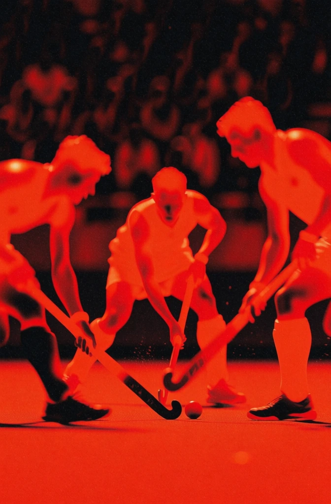 blurred silhouettes of field hockey players converging around a central ball, high-contrast vibrant red and deep black color palette, heavy film grain, lo-fi aesthetic, organic liquid-like shapes, visceral heat map texture, stadium seating rendered as murky dark patterns in the background, dynamic motion blur, glowing edges, gritty and dreamlike atmosphere, abstract noir style, high-noise digital distortion, cinematic and moody composition.