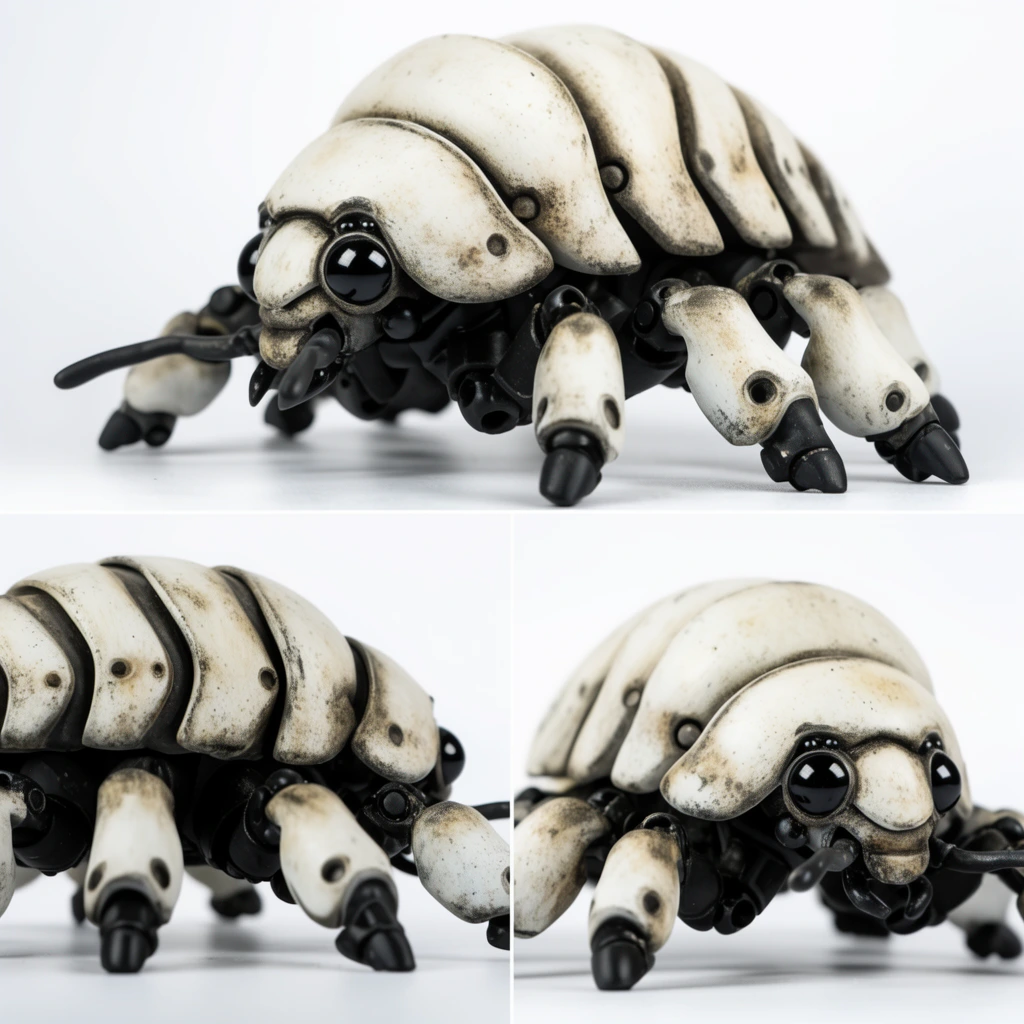 Three bio-mechanical insectoid designer toy figures stand on a seamless white backdrop. Their off-white, pillbug-like segmented armor features heavy dark weathering, grime washes, and glossy black eyes. Thick mechanical limbs with black articulated joints support the rounded bodies. High-key studio product photography highlights the distressed mecha aesthetic, capturing the figures from multiple angles.