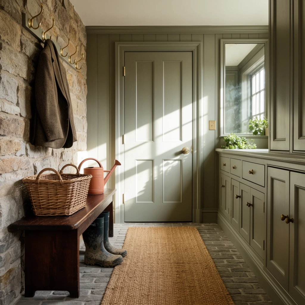 A rustic mudroom hallway illuminated by sharp diagonal rays of natural sunlight casting graphic shadows on a closed sage green paneled door. A tan woven runner rug stretches across a gray brick floor. The left wall consists of exposed rough stone, while the right wall features matching sage green built-in cabinetry and paneling. Brass hooks hold a brown tweed jacket above a dark wooden bench. A woven wicker basket and a terracotta watering can rest on the bench, with muddy rubber boots tucked underneath. A mirror on the right reflects bright daylight above a small plant ledge, enhancing the warm, earthy aesthetic of wood, stone, and woven textures.