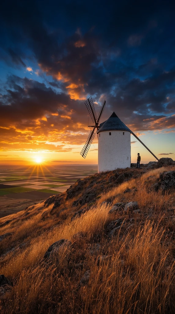 A white cylindrical windmill with a dark conical roof and wooden latticework sails stands atop a rugged, grass-covered hill overlooking a vast agricultural plain. A brilliant sunburst on the left horizon bathes the flat patchwork fields and dry golden-brown foreground grasses in warm light. To the right of the windmill, a small silhouetted figure stands near the rocky edge, gazing outward. The dramatic sky features deep blues and heavy dark clouds illuminated from below by vibrant orange hues. The wide-angle landscape photography utilizes high dynamic range to emphasize the striking contrast between the radiant golden horizon and the moody shadows of the steep terrain.
