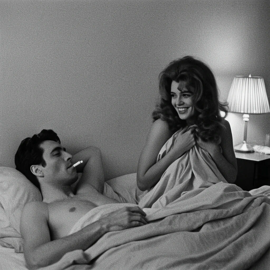 A black and white cinematic still of a couple in bed. A dark-haired man lies on his back smoking a cigarette, gazing at the woman beside him. She has voluminous wavy hair and sits upright, smiling broadly while clutching a light sheet to her chest. A pleated bedside lamp glows on a nightstand against a plain wall. The composition features heavy film grain and soft diffused lighting.