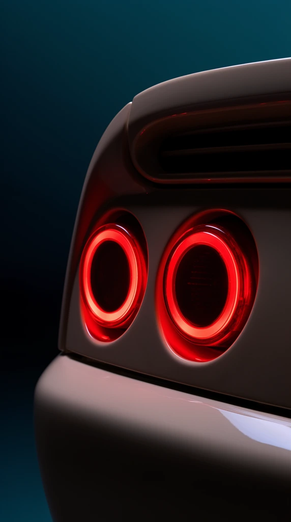An extreme close-up of sleek automotive bodywork featuring two luminous crimson circular taillights set against a dark teal background. The glossy, light-toned surface curves smoothly alongside a deep horizontal vent above the recessed light clusters. Each light emits an intense red glow from a prominent outer ring, casting warm reflections onto the contoured panels. Dramatic low-key macro photography accentuates the aerodynamic shapes and sharp cutouts. The off-center composition fades into a deep navy gradient on the left, creating a striking, high-contrast atmospheric product portrait.