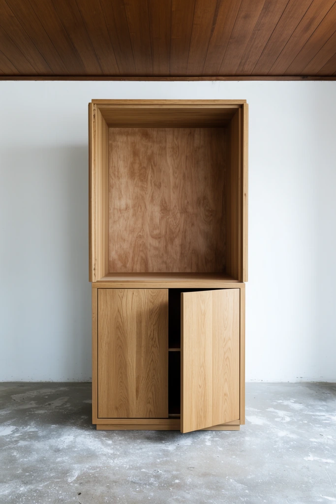 tall hollow oak wood cabinet against a stark white wall, open upper section with exposed back panel, lower section with two doors, right door slightly ajar, raw concrete floor with light dust, brown wood paneled ceiling, straight-on symmetrical perspective, natural diffused lighting, minimalist interior