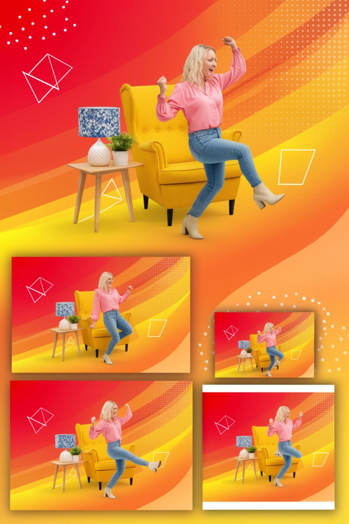 A montage of digital layouts in varied dimensions displays a blonde woman in a pink blouse striking energetic poses beside a bright yellow armchair, a side table, a patterned lamp, and a small plant. The vibrant backdrop features red, orange, and yellow gradients layered with diagonal swooshes, floating white geometric outlines, and scattered dot patterns.