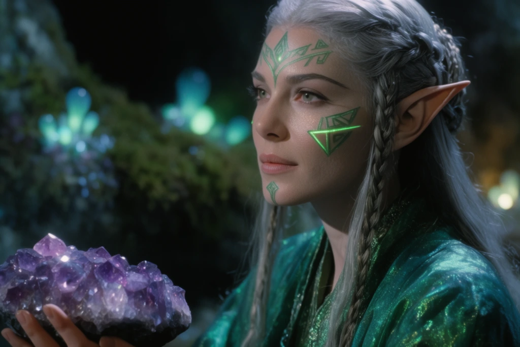 A cinematic close-up of an elven queen with braided silver hair and glowing green geometric facial tattoos. She wears shimmering emerald silk robes, gazing softly out of frame. In the blurred lower-left foreground, she cradles a luminous amethyst geode. The background features a dark subterranean cavern illuminated by out-of-focus bioluminescent moss. Dramatic cool-toned theatrical lighting heavily highlights her sharp cheekbones and the crystalline textures, captured with a shallow depth of field on 35mm film.