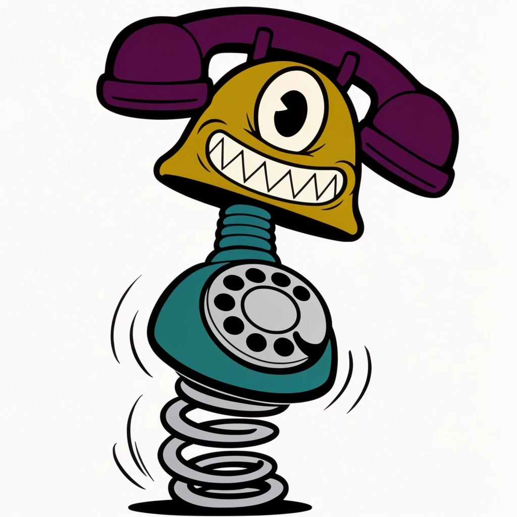 An anthropomorphic rotary telephone in a vintage 1930s rubber hose animation style bounces energetically on a coiled spring against a stark white background. The telephone features a mustard yellow bell-shaped head adorned with a single oversized, expressive eye and a wide, menacing sawtooth grin. A deep purple receiver rests atop the head like a comical hat. A teal, flexible neck connects the head to a round mechanical chest featuring a circular pattern of finger holes, rendered with thick, stylized proportions. The character bounces dynamically on a thick silver coiled spring, with curved black motion lines emphasizing the chaotic, erratic upward movement. Bold, heavy black outlines and flat, vibrant colors define the classic retro cartoon aesthetic, capturing a manic, highly exaggerated energy typical of early animation eras.