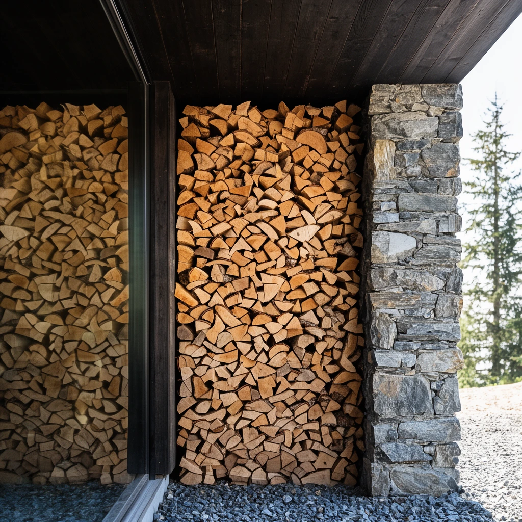 A precise stack of split firewood fills a vertical exterior alcove framed by dark timber overhangs and a rugged stone pillar. A large glass pane on the left reflects the stacked logs. The wood rests on crushed grey gravel. To the right, bright daylight illuminates a distant evergreen tree. The architectural photography highlights earthy tones and crisp textural contrasts between smooth glass, rough bark, and jagged masonry.