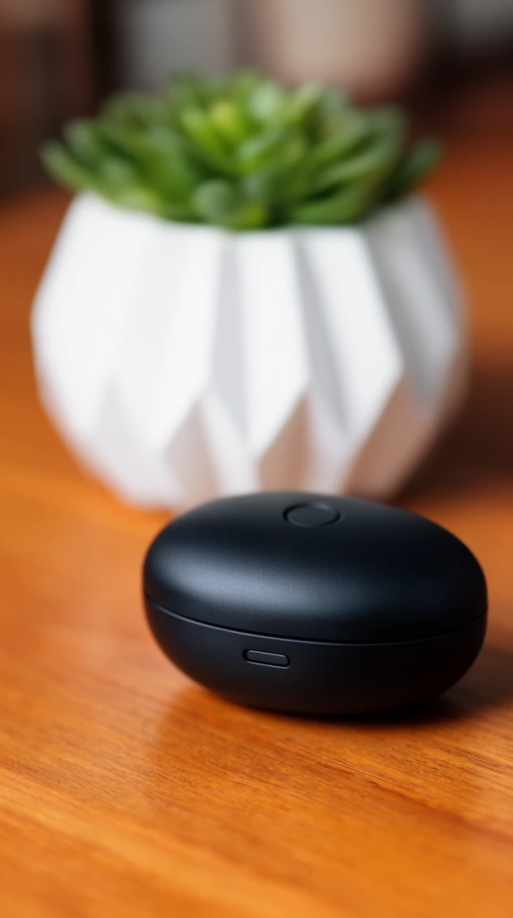 matte black oval electronic case on a warm wood table, shallow depth of field, blurred white geometric planter with green succulent, soft indoor lighting, macro photography