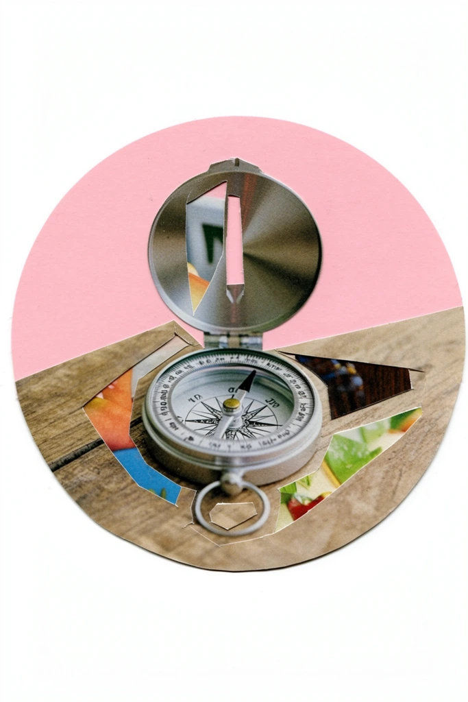 A surreal paper cutout collage of an open compass resting on a wooden surface, set centrally inside a perfectly round solid pastel pink circle. The metallic compass and textured wood grain appear as crisp, photorealistic printed paper fragments with sharp, defining edges. Jagged, angular geometric voids are sliced directly out of the compass body and the wooden surface, revealing distinctly different, brightly colored photographic layers pasted beneath the cutouts. The mixed-media artwork features flat, even lighting that emphasizes the subtle physical thickness, tactile paper grain, and faint drop shadows of the overlapping layers. The composition juxtaposes the precise, realistic textures of the main subjects with the abrupt, hard-edged fragmentation of contemporary Dadaist collage, all tightly framed by the graphic simplicity of the flat pink circular backdrop.