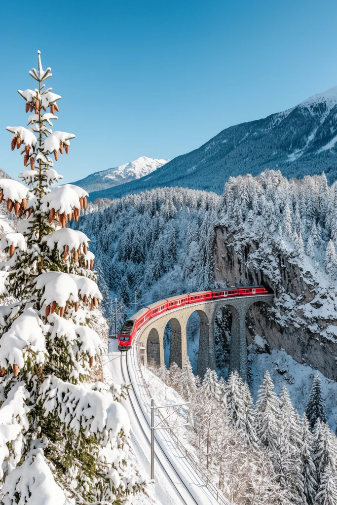 Vibrant red passenger train crossing a multi-arched stone viaduct, expansive winter landscape, large foreground pine tree heavily laden with thick white snow and visible brown pinecones, dense snow-covered evergreen forest, majestic snow-capped mountain peak, clear bright blue sky, high-angle landscape photography, crisp daylight illumination, striking color contrast, wide panoramic composition, highly detailed textures