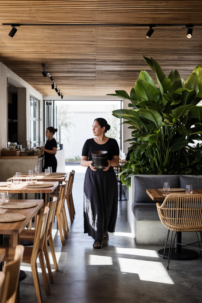 A woman in a black top and long dark skirt walks through a modern restaurant carrying a stack of dark bowls. She gazes to her left, traversing a polished concrete floor illuminated by sharp rectangular patches of sunlight. The space features a slatted wood ceiling with black track lighting. To the left, wooden tables are set with clear glasses and woven placemats near a counter where another woman in black stands. On the right, a large broad-leafed green plant thrives behind a grey cushioned banquette and a rattan chair. Bright natural light pours through expansive open doorways in the background. The eye-level architectural photography captures the earthy palette of warm wood, grey concrete, and vibrant foliage with crisp contrast.