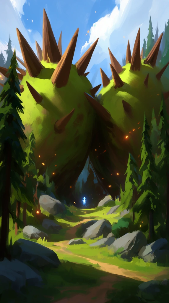Colossal moss-green organic structures covered in massive brown spikes dominate a forested valley. Two towering mounds lean together, forming a shadowed passage where a tiny, glowing blue-white figure stands. A dirt path winds through bright green grass, grey boulders, and tall evergreen trees framing the foreground. Glowing orange embers drift through the air. Rendered in a painterly digital concept art style with expressive brushstrokes, dramatic directional sunlight, deep shadows, and a bright blue sky.