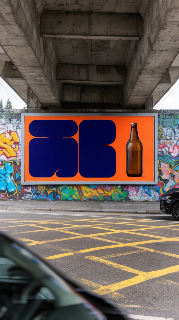 Billboard under concrete overpass, bright orange background, massive dark blue abstract shapes, brown glass bottle, vibrant graffiti wall, asphalt street, yellow crisscross markings, partial black car, blurred foreground, daytime urban photography