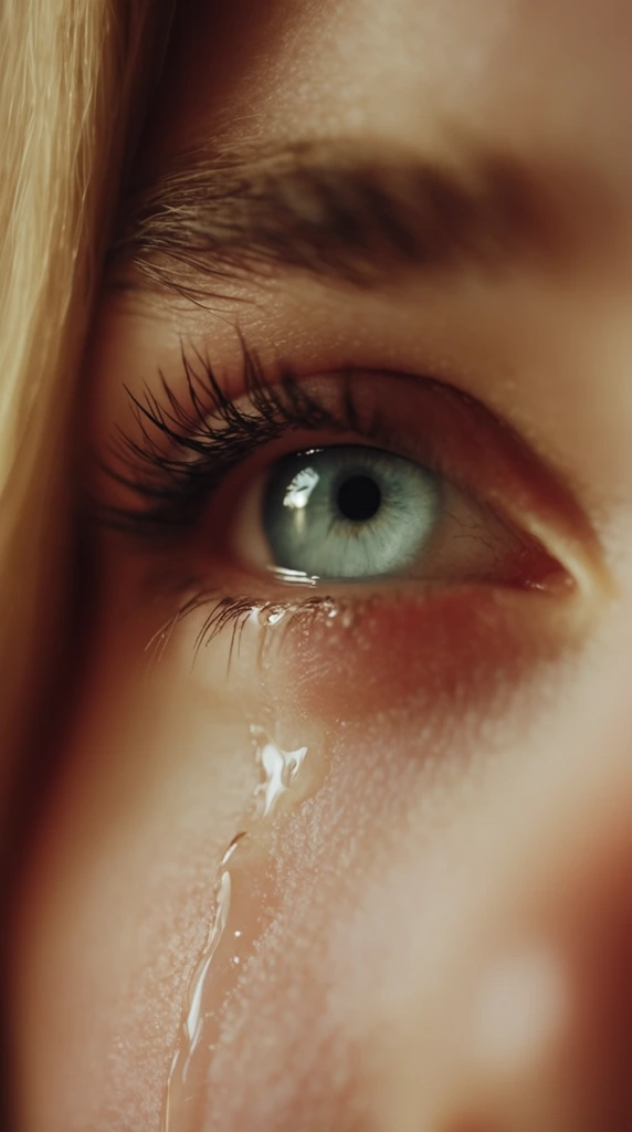 Extreme macro photograph of a pale blue-green eye with a wet tear track rolling down fair, textured skin. Prominent dark eyelashes frame the glossy iris. Soft, warm cinematic lighting and a shallow depth of field blur blonde hair on the far left edge.