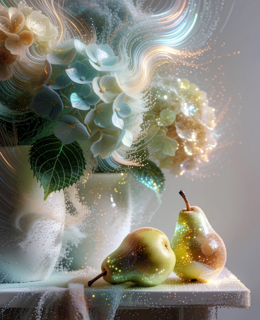 lush hydrangea and flowers in containers with pears on a surface, reimagined as a flow of shimmering iridescent particles, swirling fiber-optic light trails in teal gold and white, millions of glowing star-like specks defining the organic forms, dynamic s-curve movement of luminous energy, ethereal long-exposure aesthetic, intricate weaving threads of light, deep black void backdrop, high-contrast bioluminescent textures, radiant celestial dust, cinematic flow
