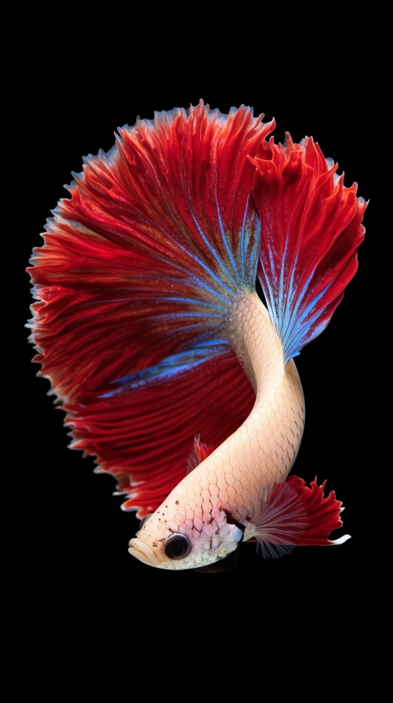 betta fish swimming downward, massive flowing vibrant red ruffled fins with iridescent blue veins, pale cream body, solid black background, high contrast macro photography, sharp focus