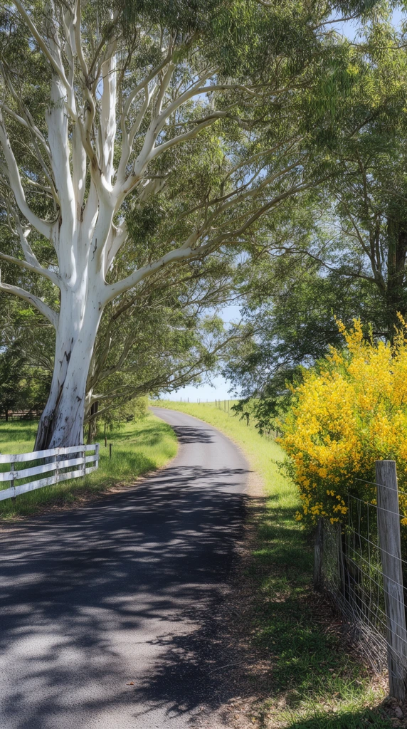 winding paved country road curving gently uphill, massive eucalyptus tree with smooth white bark on the left, rustic white wooden fence, dappled sunlight casting intricate tree shadows across the dark asphalt, vibrant yellow flowering bush behind a wire and wooden post fence on the right, lush green grass, dense leafy canopy overhead framing a clear blue sky, bright natural daylight, serene rural landscape photography