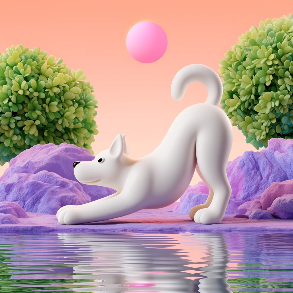 smooth white stylized dog stretching by water, surreal 3D pastel landscape, pink sun in peach sky, textured purple rocks, green trees, water reflections
