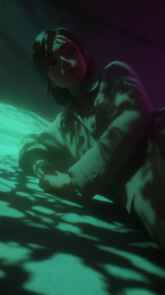 A woman wearing a collared coat with buttons rests close to the ground in a stylized, high-contrast 3D rendered environment, viewed from a dramatic low angle. She is bathed in an intense cinematic dual-tone lighting scheme, dominated by a vibrant, neon cyan-green volumetric light flooding the surface from the left. Heavy, dappled cast shadows form dark, intricate silhouettes across her face, the textured fabric of the collared coat, and the ground beneath her, creating stark chiaroscuro patterns. A deep magenta-purple ambient light permeates the heavy shadows on the right side of the composition, providing a rich color contrast against the dark background. The aesthetic features smooth stylized textures, a slightly soft focus, and deep low-key exposure, immersing the figure and the architectural ground surface in atmospheric, colorful lighting.