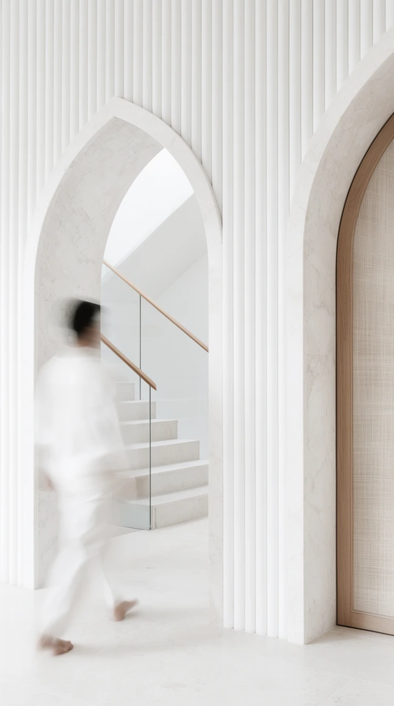 A bright minimalist corridor features two pale marble pointed arches beside a wall of prominent vertical cylindrical ribbing. A heavily motion-blurred figure in white clothing strides past the left archway, creating a ghostly streak. The left arch frames a glass-paneled staircase with a thin wood handrail, while the right reveals a tall wooden door with a woven texture. Soft, high-key diffused light illuminates the smooth stone floor and monochromatic white palette, contrasting the sharp architectural geometry with ethereal human movement in pristine architectural photography.
