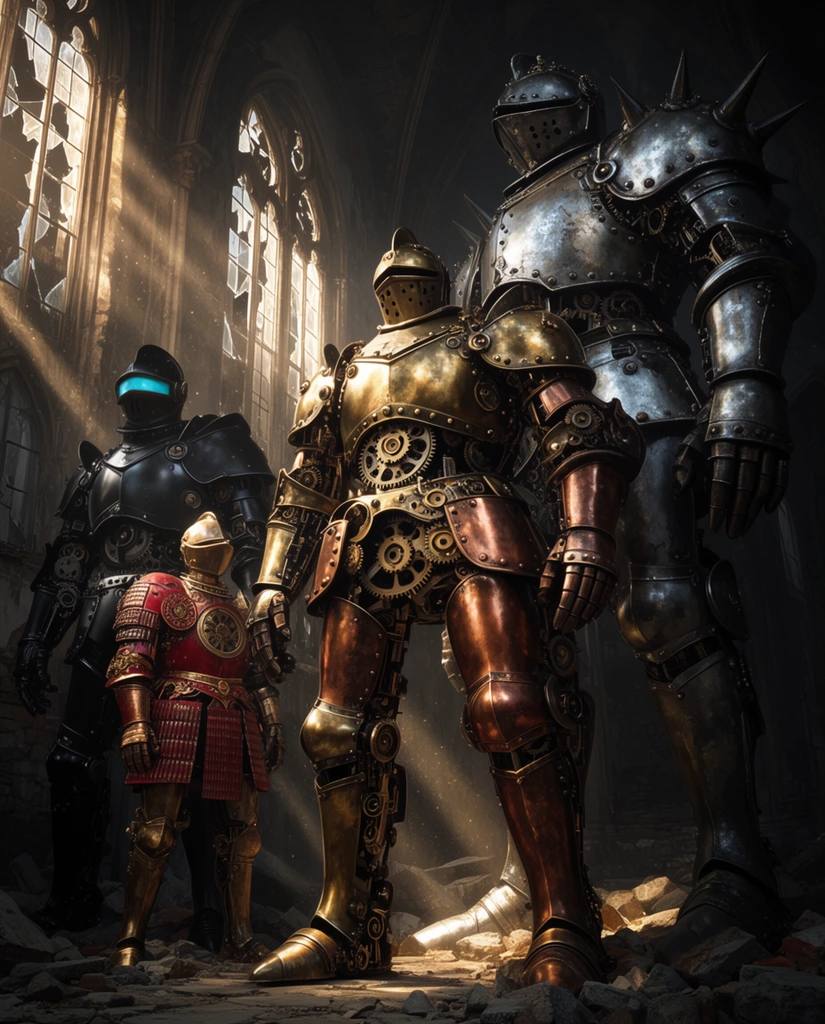 Four colossal clockwork knights in mechanical plate armor stand within a dimly lit ruined gothic cathedral. A hulking knight in brass and copper armor with exposed gears stands prominently in the foreground. To the right, a towering knight in tarnished silver with spiked pauldrons remains in deep shadow. On the left, a knight in matte black armor with a cyan visor stands near a shorter knight wearing crimson and gold lamellar armor. Arched windows with broken glass allow dramatic shafts of golden sunlight to pierce the dusty air, illuminating rubble on the stone floor. A cinematic low angle emphasizes the massive scale of the figures through deep shadows contrasting with bright highlights on the intricately detailed metallic surfaces.