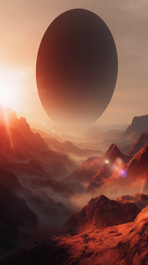 Vast alien landscape with rugged rocky mountains, warm reddish-orange sunlight, massive dark vertical disc hovering motionless in hazy sky, atmospheric fog in deep valleys, bright lens flares from left, cinematic sci-fi concept art, wide perspective