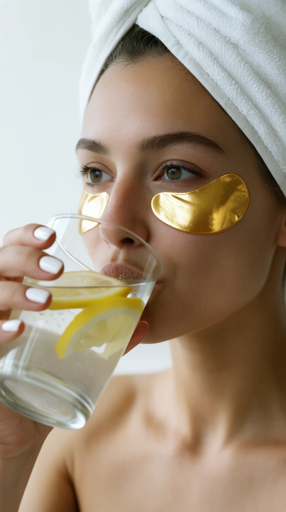 close-up beauty portrait, woman with white towel wrapped on head, metallic gold under-eye patches, drinking lemon water from a clear glass, bare shoulders, white nail polish, soft natural light, shallow depth of field, white background