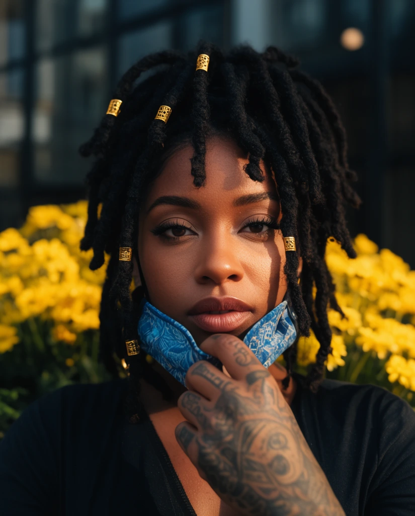 A cinematic close-up portrait of a Black woman with thick, gold-cuffed dreadlocks making direct eye contact. Her intricately tattooed hand rests near a blue patterned mask pulled beneath her chin. Warm, directional sunlight illuminates her face against a shallow depth of field featuring vibrant yellow flowers and dark, blurred architecture.