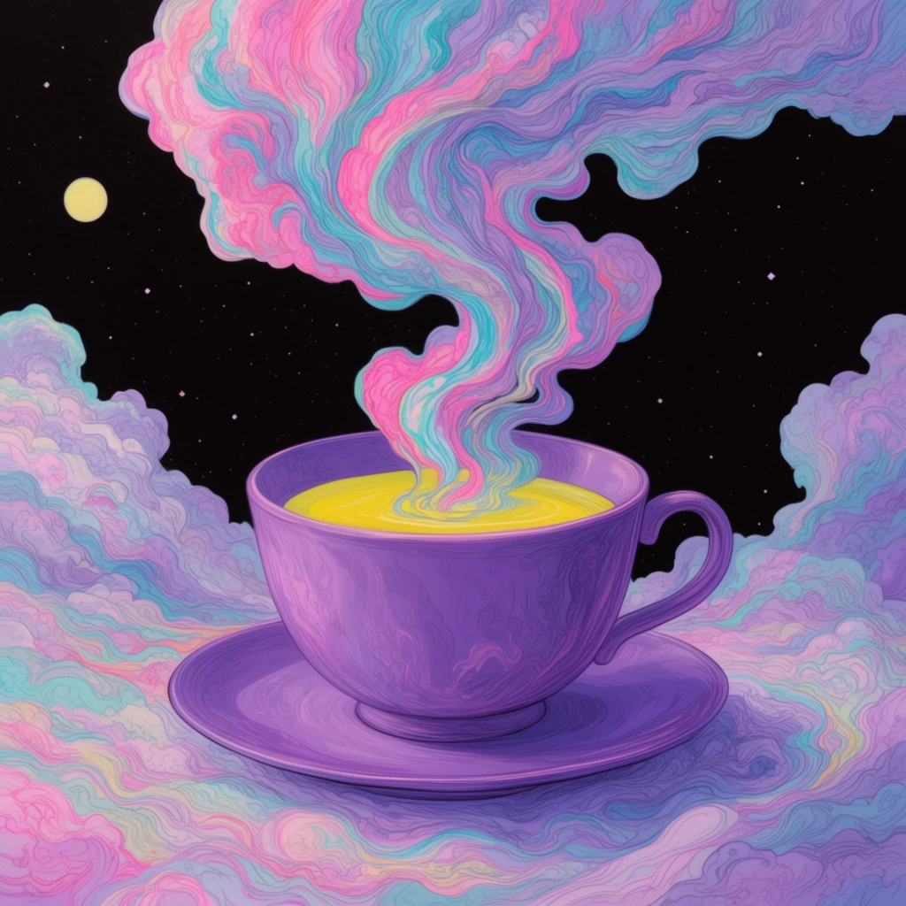 A luminous purple teacup and saucer rest on swirling pastel clouds, holding a bright yellow liquid. Vibrant steam twists upward, expanding into massive, intricate cloud formations of pink, cyan, and lavender. This fluid vapor drifts against a stark black sky scattered with tiny stars and a pale yellow orb. The highly detailed surreal illustration features precise line work, psychedelic neon color palettes, and dreamlike melting contours.