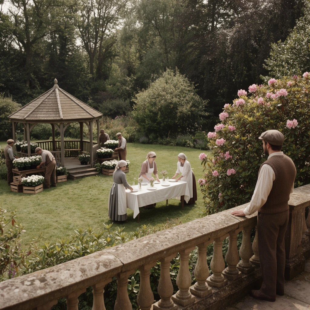 A wide cinematic shot captures a bustling garden where people in early 20th-century rustic attire prepare for an event. In the right foreground, a man wearing a brown knit vest and cap stands on a stone terrace with classical balusters, observing the lawn beside a large bush with pink blossoms. Below on the lush green grass, three women in modest dresses, white aprons, and headscarves set a long white table. To the left, men work around an octagonal wooden gazebo, arranging wooden crates filled with potted white flowers. The scene is bathed in natural daylight that highlights the surrounding dense trees, featuring a muted, earthy color palette and deep depth of field that creates a layered, diorama-like tableau.