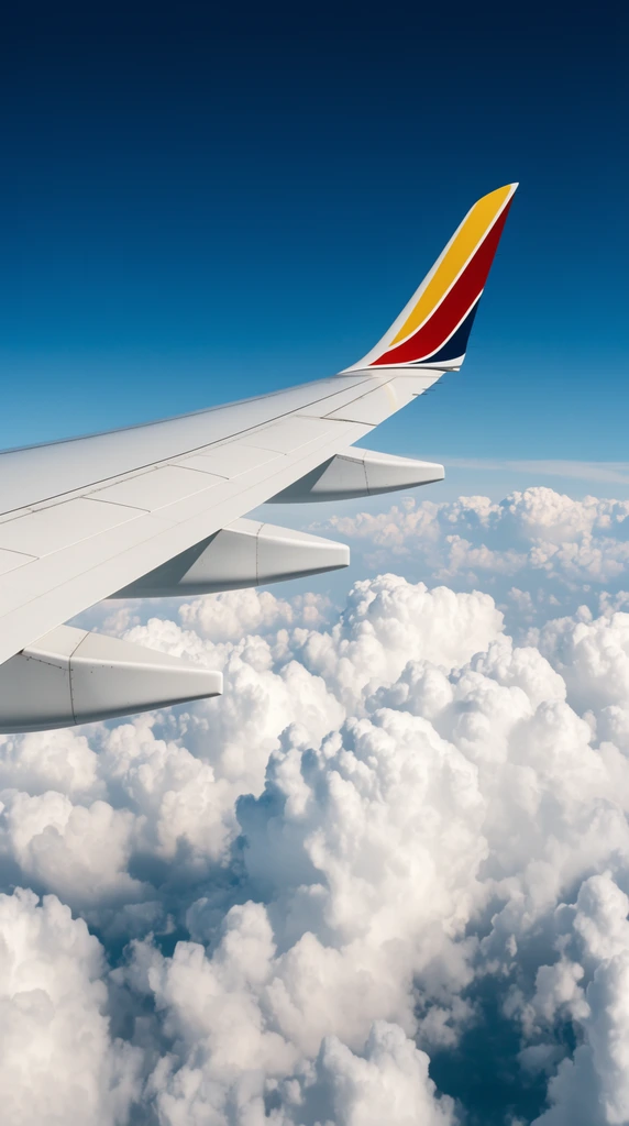 white airplane wing soaring above a dense sea of fluffy cumulus clouds, upward-curving winglet featuring yellow, red, and dark blue diagonal stripes, three trailing edge fairings, deep azure blue sky above, bright sunlight, crisp high-altitude window seat perspective